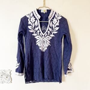 Bella Tu Navy and White Cotton Embroidered Tunic Top 2 / XS